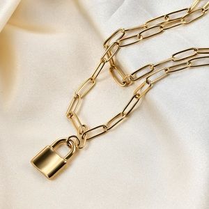Lock Pendant 2 Layer Chain Link Gold Necklace